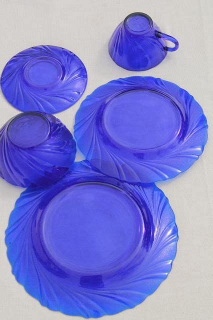 Vintage Cobalt Blue Glass Dishes Set For Four Duralex Rivage Swirl Pattern