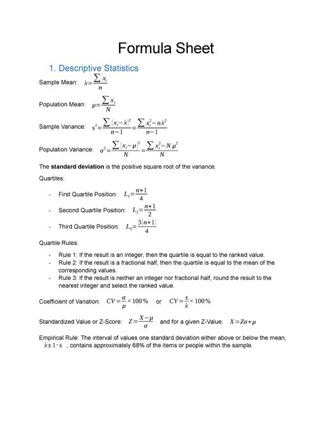 Summary Formulae Sheet Formula Sheet 1 Descriptive Statistics