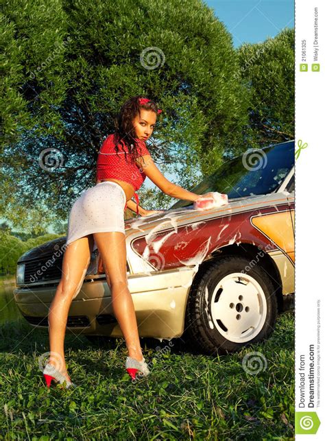 Sexy Girl Washing A Car Pin Up Style Royalty Free Stock