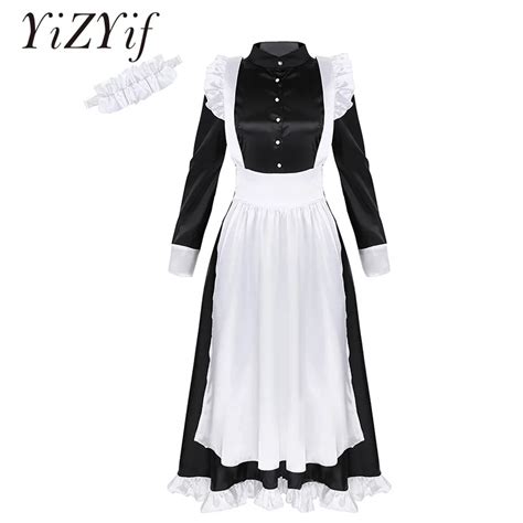 Women Maid Cosplay Sexy Costume Long Sleeves Front Button Down Long Maxi Fancy Dress With Apron