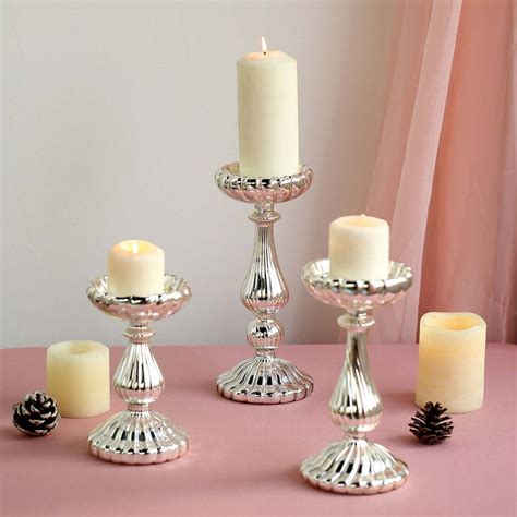 Mercury Glass Silver Pillar Candle Holders Tableclothsfactory