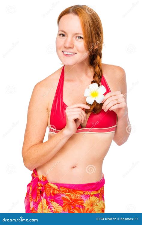 Mooi Slank Meisje In Strandkleding Op Een Witte Achtergrond Stock Foto Image Of Portret