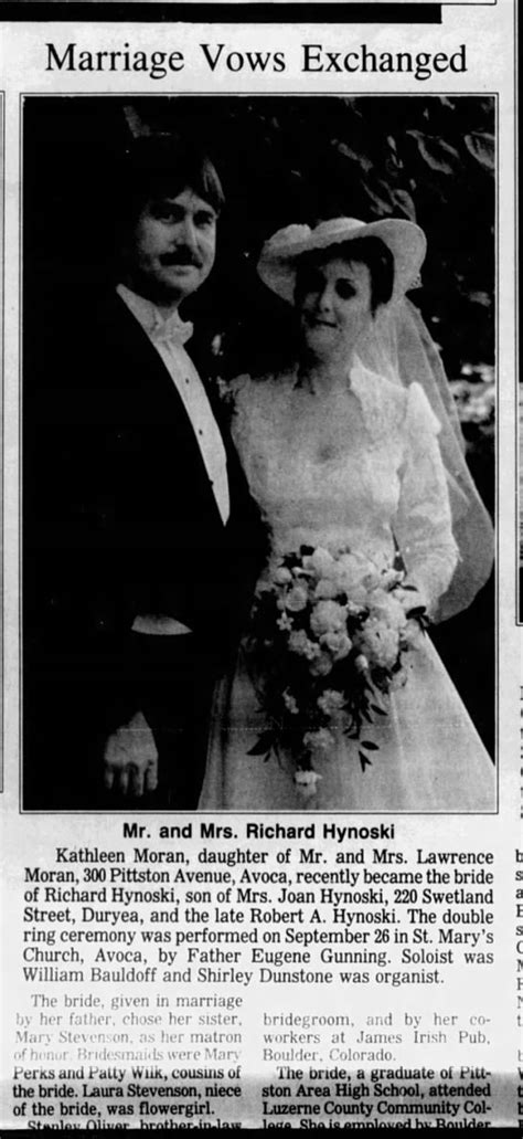 Kathleen Moran Weds Richard Hynoski Sunday Dispatch 25 Oct 1987