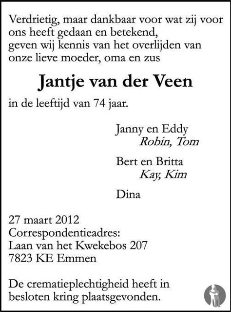 Jantje Van Der Veen 27 03 2012 Overlijdensbericht En Condoleances