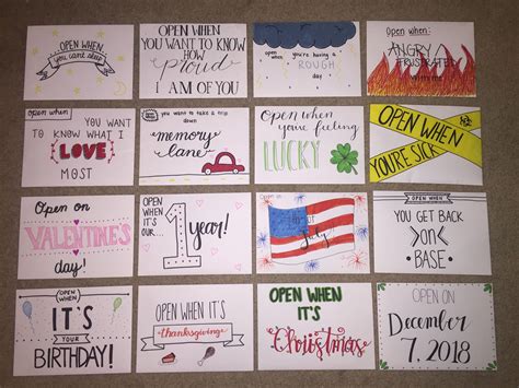 I got this idea from one of my friends as her boyfriend gifted him something that was so special. Open when letters I did as a 1 year gift to my Marine ...