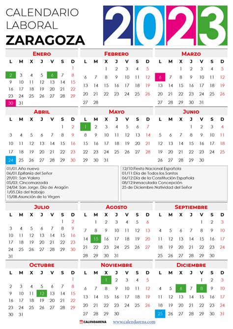 Calendario Laboral Zaragoza 2023 Con Festivos Calendarena