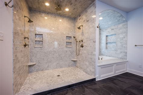 Your master bathroom should be a beautifully designed oasis. Shower Envy! Gorgeous white and grey tile Master Bath tile ...