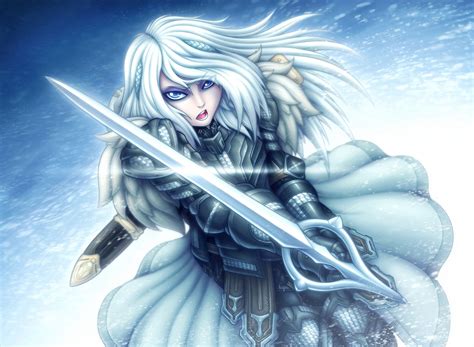 1920x1408 Blue Eyes White Hair Sword Woman Warrior Girl Wallpaper