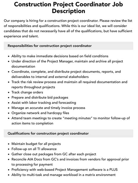Construction Project Coordinator Job Description Velvet Jobs