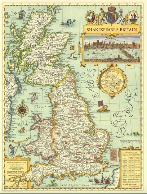 Shakespears Britain 1964 National Geographic Map Antique Maps Old