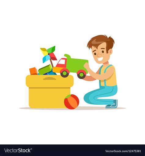 Boy Putting His Toys In Special Box Smiling Vector Image