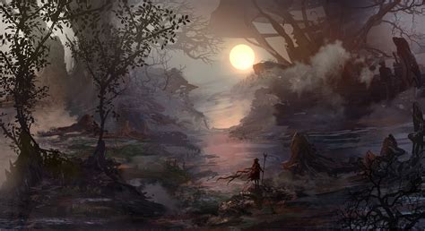 Warrior Loneliness Hero Fantasy Art Nature Trees Mist Sun Wind