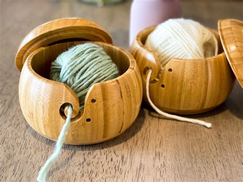 Handmade Bamboo Wooden Yarn Bowl With Lid Knitting Crochet Etsy