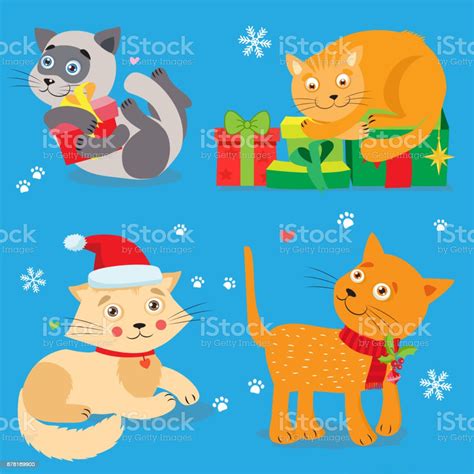 A Cat In Love Set Of Cute Little Christmas Cats Cartoon Vector
