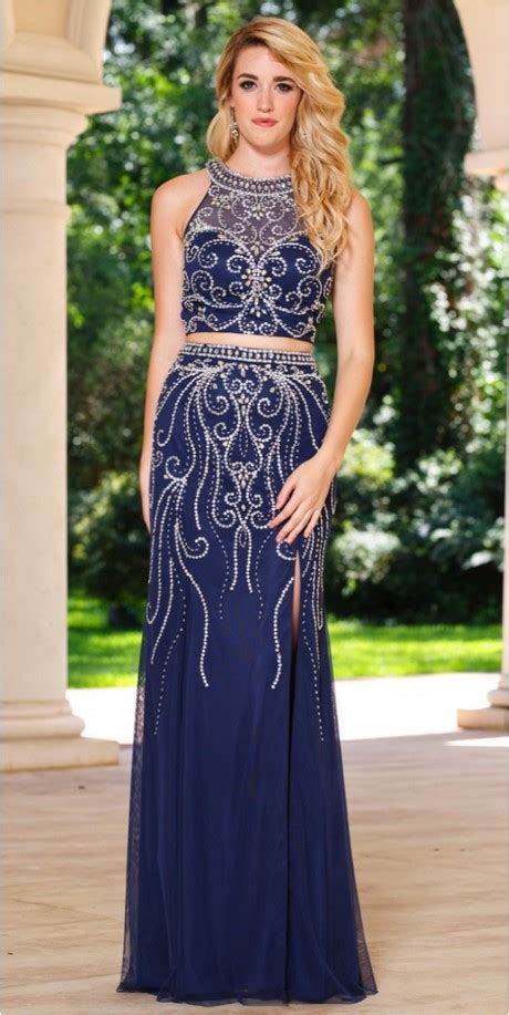 Two Piece Navy Blue Prom Dress