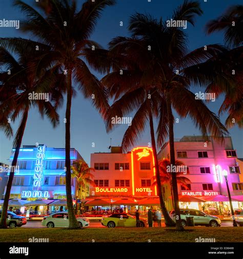 Art Deco Hotels On Ocean Drive At Dusk South Beach Miami Florida