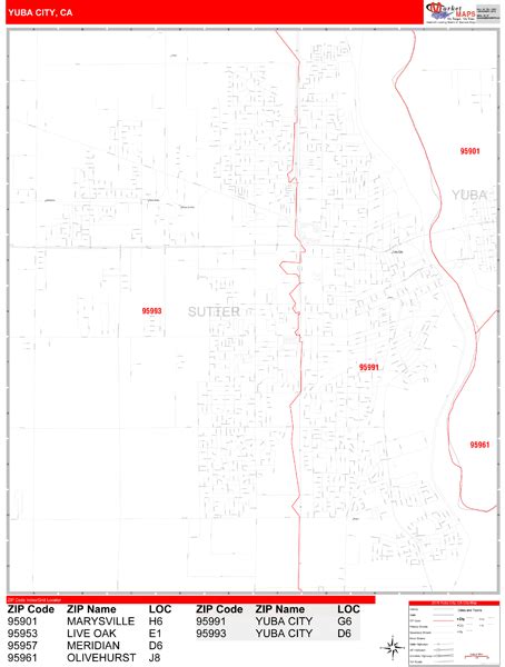 Yuba City California Zip Code Wall Map Red Line Style By Marketmaps