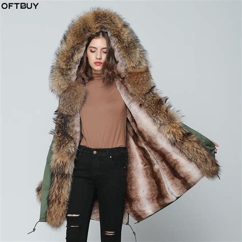 Oftbuy Long Parka Winter Jacket Women Real Fur Coat Big Natural Raccoon