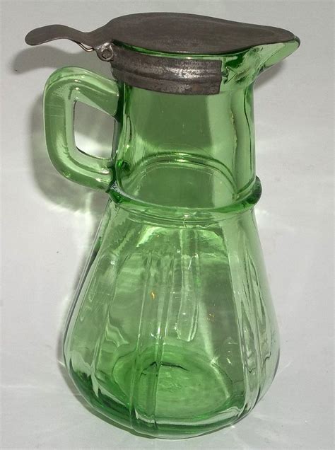 Vintage Green Depression Glass W Tin Metal Hinged Lid Syrup Pitcher