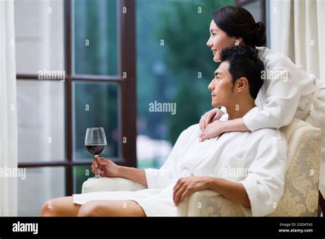 Loving Couple In Bathrobes Relaxing In A Luxury Hotel Stock Photo Alamy