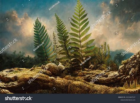 황토와 식물의 배경이 있는 선사시대 풍경화 스톡 일러스트 2215407537 Shutterstock