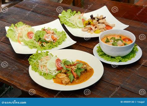 Set Of Thai Foods And Asian Food On Wood Table Stock Photo Image Of