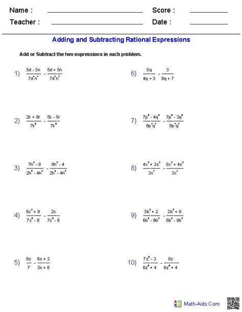 Topic wise:algebraic expression preparation in the form of question & answer. Adding and Subtracting Rational Expressions Worksheets ...