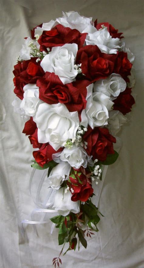 Wedding Set Cascade Bouquet Rose Red And White 21pc Etsy