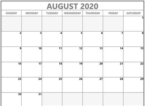 Free Printable Blank August 2020 Calendar Calendar Printables August