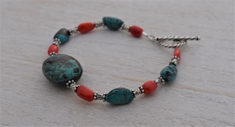 Turquoise And Coral Bracelet Sterling Silver Toggle Clasp Etsy Canada
