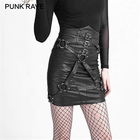 Punk Rave Punk Rock Lady Bandage High Waisted Leather Mini Skirt Black