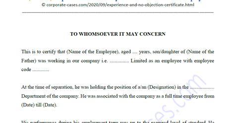 Experience And No Objection Certificate From Employer Format