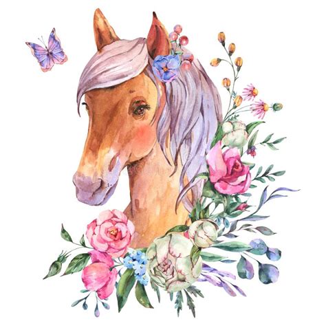Ilustração Aquarela De Cavalo Floral Isolada Em Fundo Branco Coleção