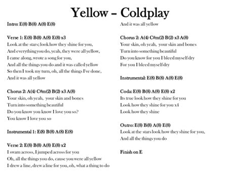 Yellow Coldplay Chords And Lyrics Teaching Resources