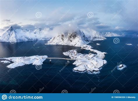 Winter Landscape From Air Aerial View On The Hamnoy Village Lofoten