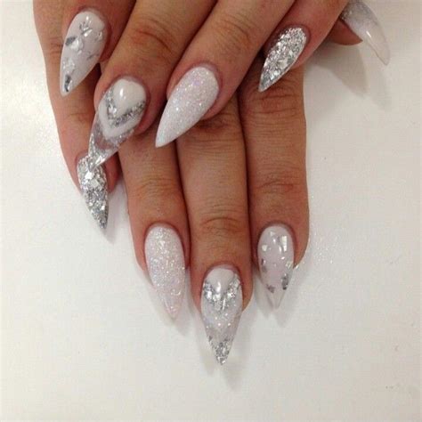 Silver Glitter Almond Shape Acrylic Nails White Glitter Nails