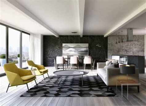 splendid living rooms  black brick wall  dramatic ambience