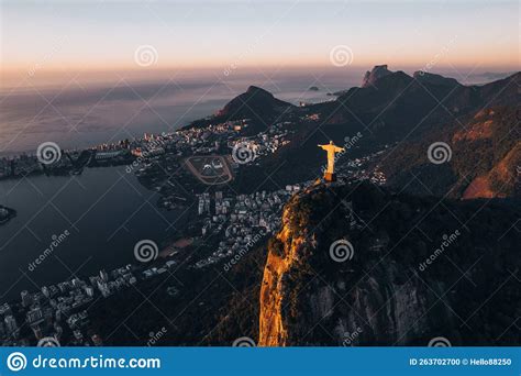 Aerial View Of Christ De Redeemer During Sunrise In Rio De Janeiro