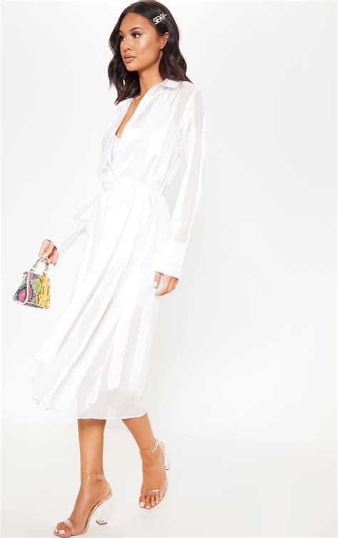 White Satin Midi Shirt Dress Dresses Prettylittlething Usa