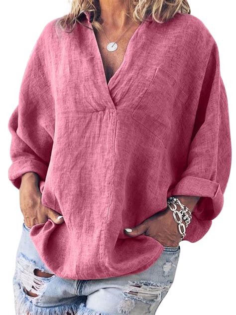 Women Plus Size Peasant V Neck Blouses Roll Up Long Sleeve Baggy