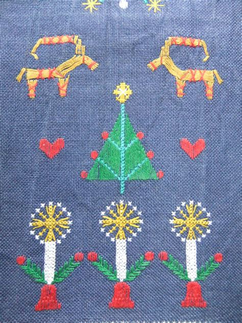 Vintage Swedish Christmas Tablecloth Embroidery On Blue Linen Etsy