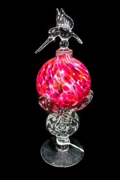 Vintage Perfume Bottle With Hummingbird Stopper Pink Mottled Glass Bottle With Hand Blown
