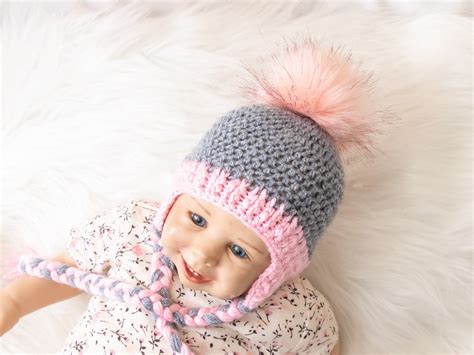 Gray And Pink Baby Girl Pom Pom Hat Crochet Baby Girl Earflap Hat
