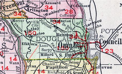 Douglas County Nebraska Map 1912 Omaha Waterloo Elkhorn Millard