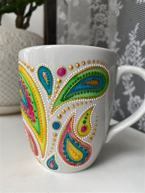 Paisley Ceramic Mug Hand Painted Ceramic Mug With Boho Etsy Glass
