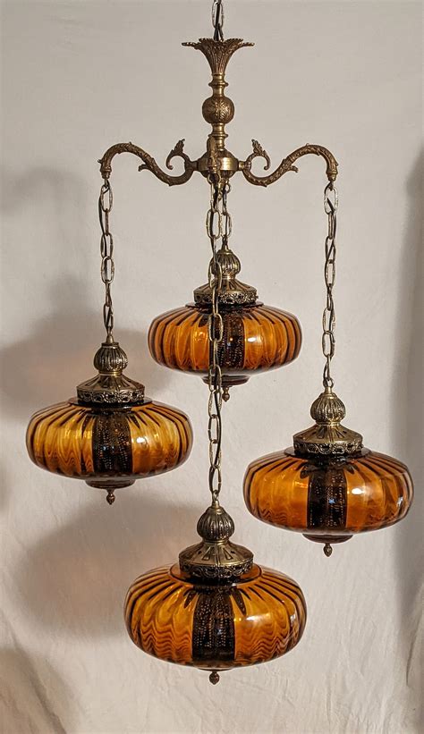vintage mcm mid century modern amber glass hanging swag lamp etsy