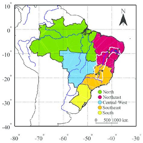 Regions Of Brazil Divided As North Northeast Central West Southeast