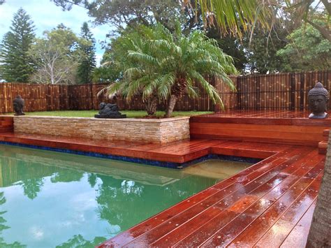 Balinese Pool Area Landscape Design Jarrah Decking Bamboo Screen