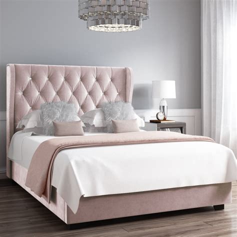 Safina Diamante Wing Back Bed In Light Pink Velvet Oxford Beds