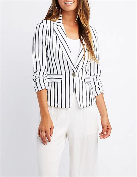 striped ruched sleeve blazer charlotte russe
